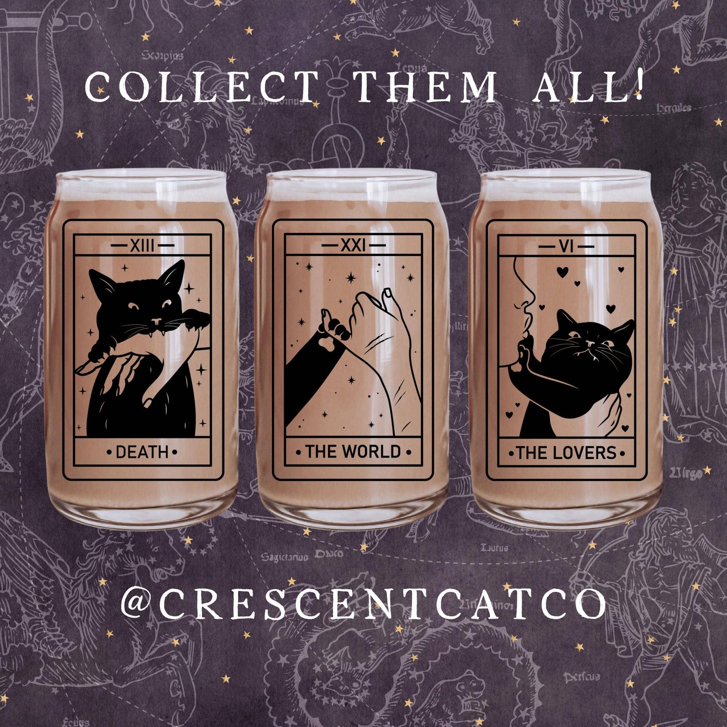CrescentCatCo - The Lover Cat Lover Tarot Class | Witchy Cat Iced Coffee Glass | Beer can Glass with Lid and Straw | Cat Mom Gifts | Black Cat Tarot Card - The Secret Garden Bookery