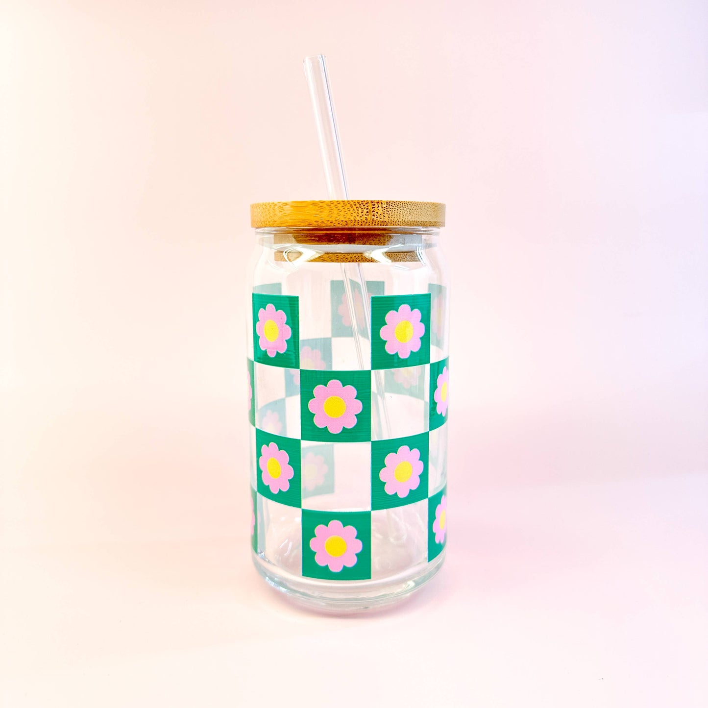 Oak Shore Collective LLC - Pink Checkered | Libbey Glass Beer Can Iced Coffee Glass - The Secret Garden Bookery