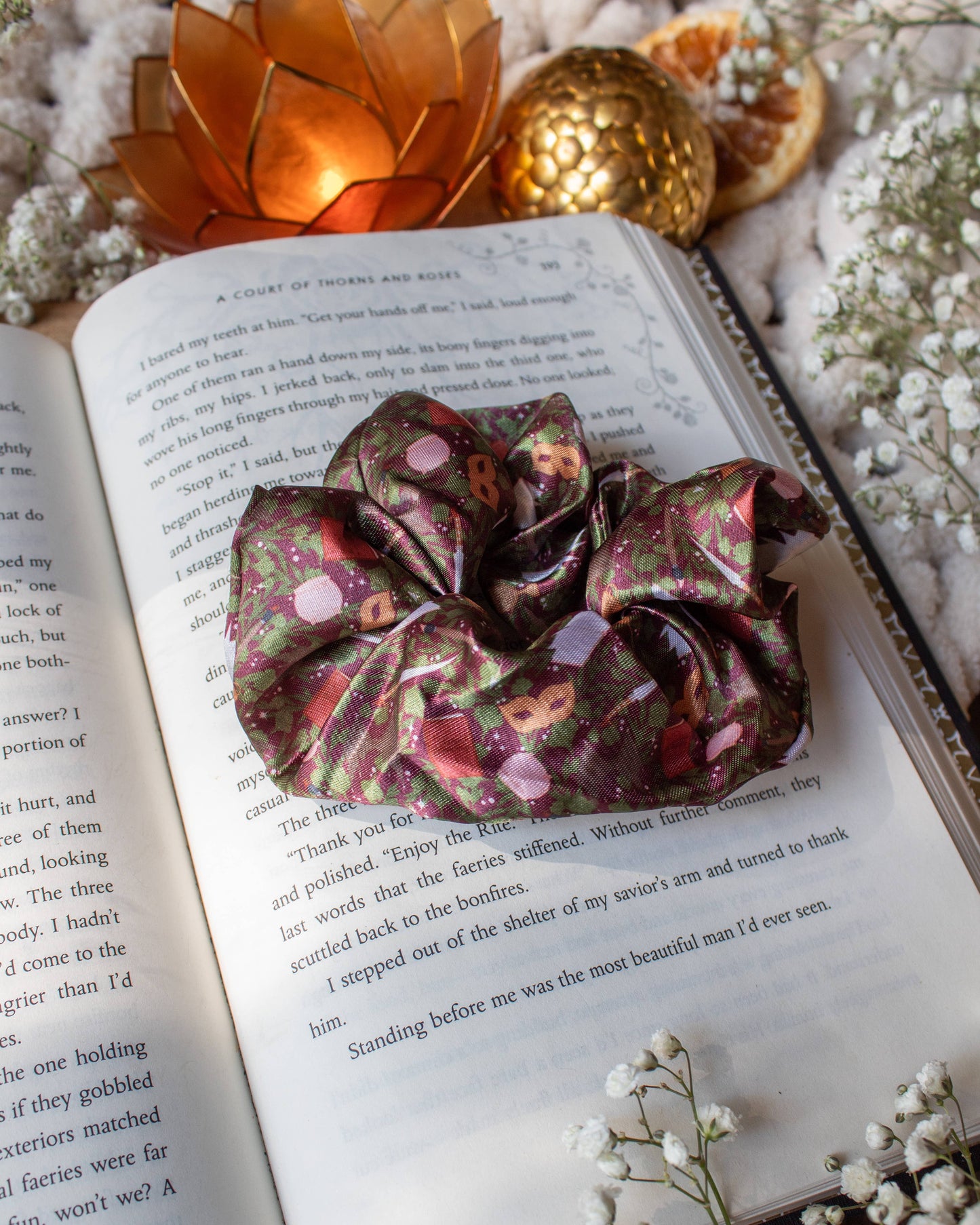 Meaggie Moos - Bookish Satin Scrunchie | A Court of Thorns and Roses - The Secret Garden Bookery