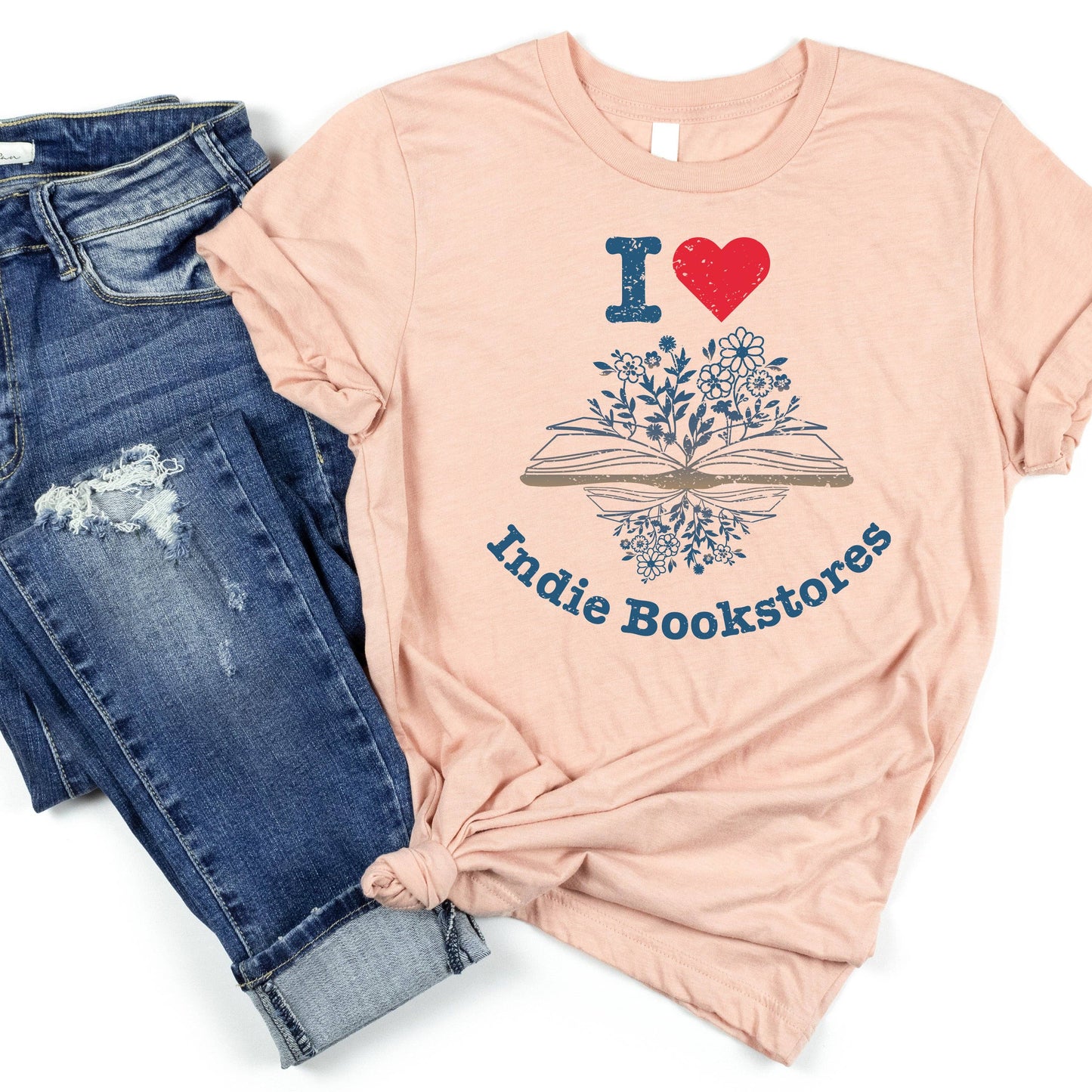 The Obstinate Octopus - "I Love Indie Bookstores" Floral Tee - The Secret Garden Bookery