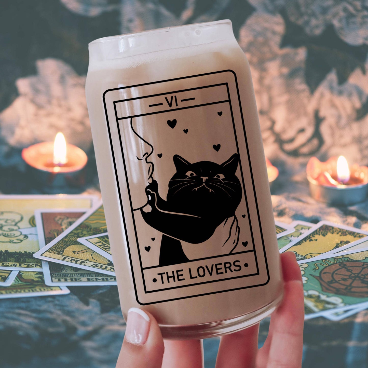 CrescentCatCo - The Lover Cat Lover Tarot Class | Witchy Cat Iced Coffee Glass | Beer can Glass with Lid and Straw | Cat Mom Gifts | Black Cat Tarot Card - The Secret Garden Bookery