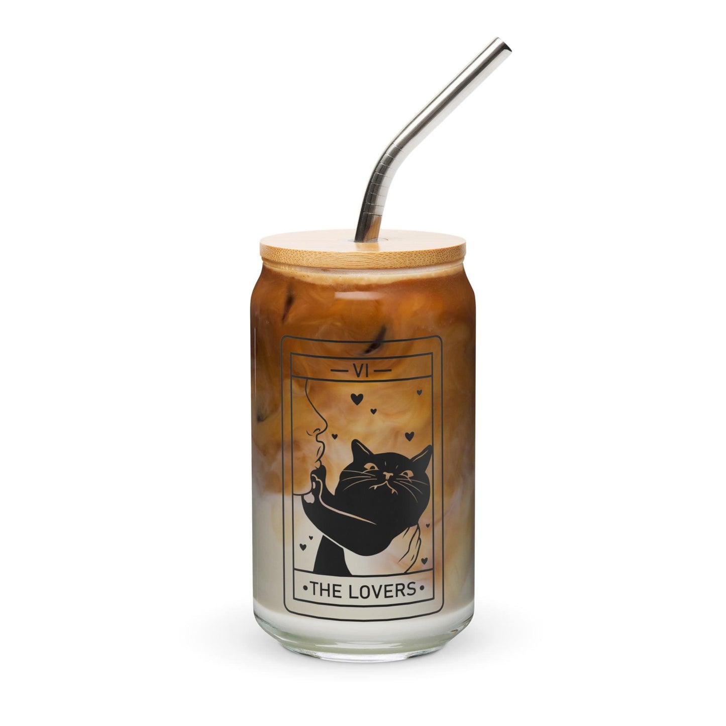 CrescentCatCo - The Lover Cat Lover Tarot Class | Witchy Cat Iced Coffee Glass | Beer can Glass with Lid and Straw | Cat Mom Gifts | Black Cat Tarot Card - The Secret Garden Bookery