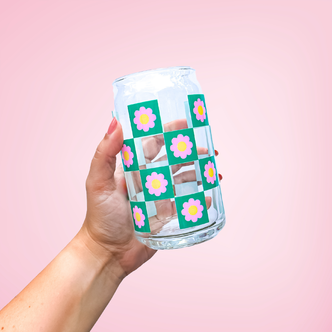 Oak Shore Collective LLC - Pink Checkered | Libbey Glass Beer Can Iced Coffee Glass - The Secret Garden Bookery
