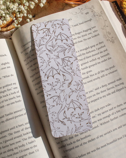 Meaggie Moos - Gold Foil and White Floral Dragons Bookmark | Soft Touch - The Secret Garden Bookery
