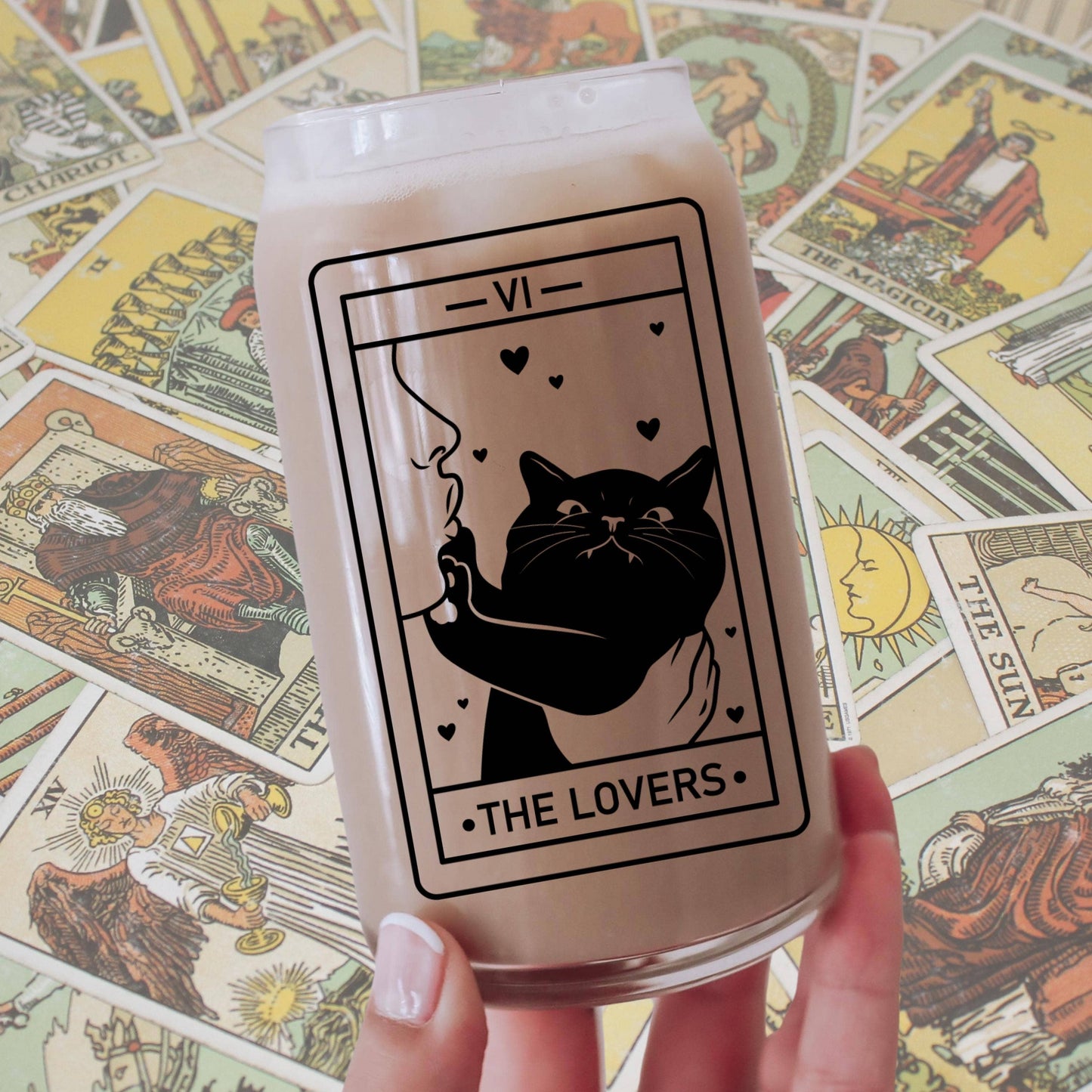 CrescentCatCo - The Lover Cat Lover Tarot Class | Witchy Cat Iced Coffee Glass | Beer can Glass with Lid and Straw | Cat Mom Gifts | Black Cat Tarot Card - The Secret Garden Bookery