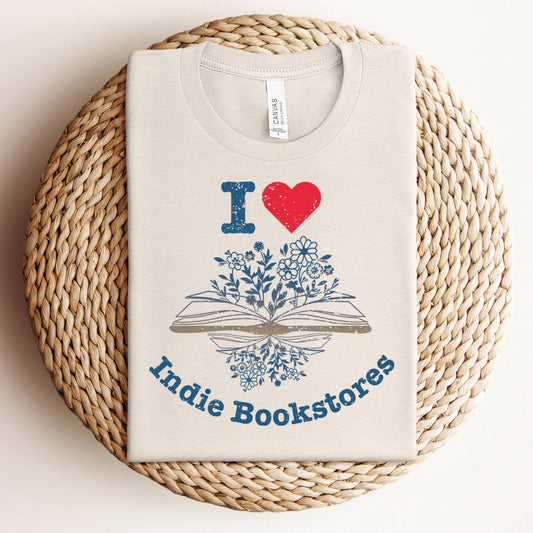 The Obstinate Octopus - "I Love Indie Bookstores" Floral Tee - The Secret Garden Bookery