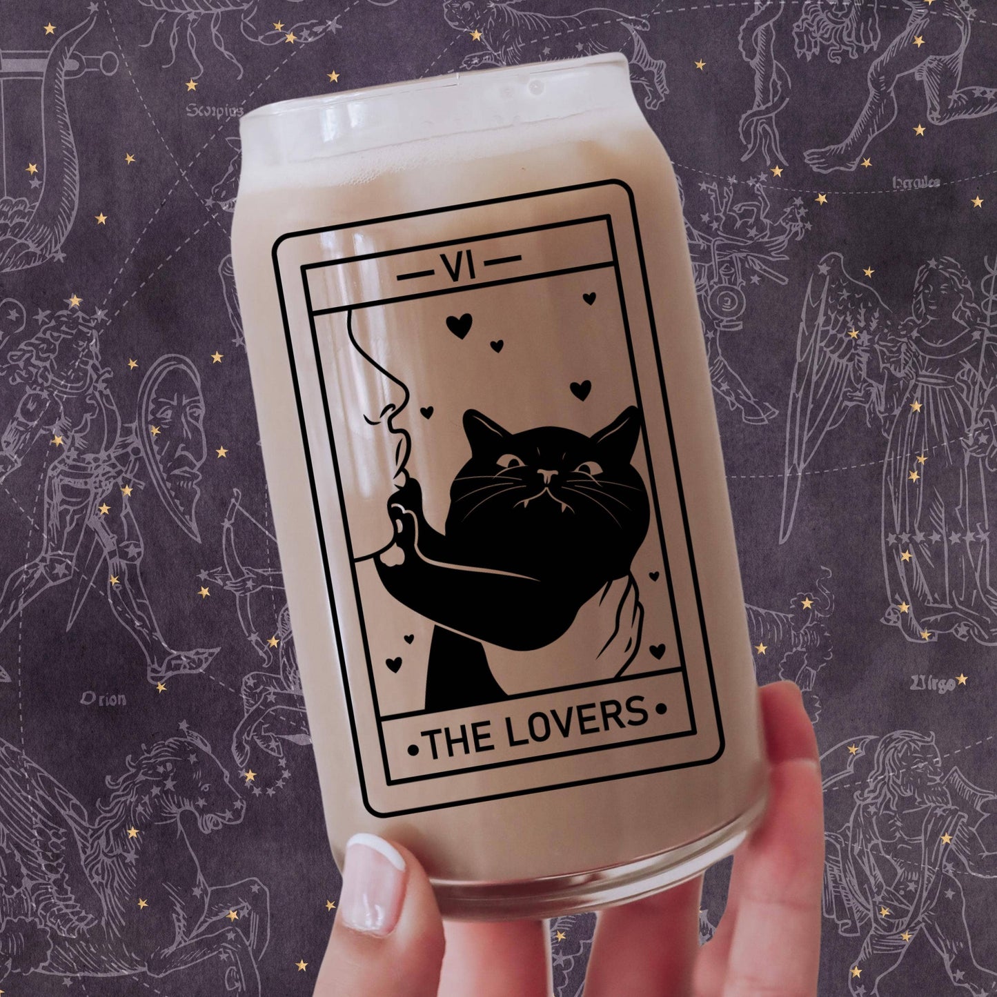 CrescentCatCo - The Lover Cat Lover Tarot Class | Witchy Cat Iced Coffee Glass | Beer can Glass with Lid and Straw | Cat Mom Gifts | Black Cat Tarot Card - The Secret Garden Bookery