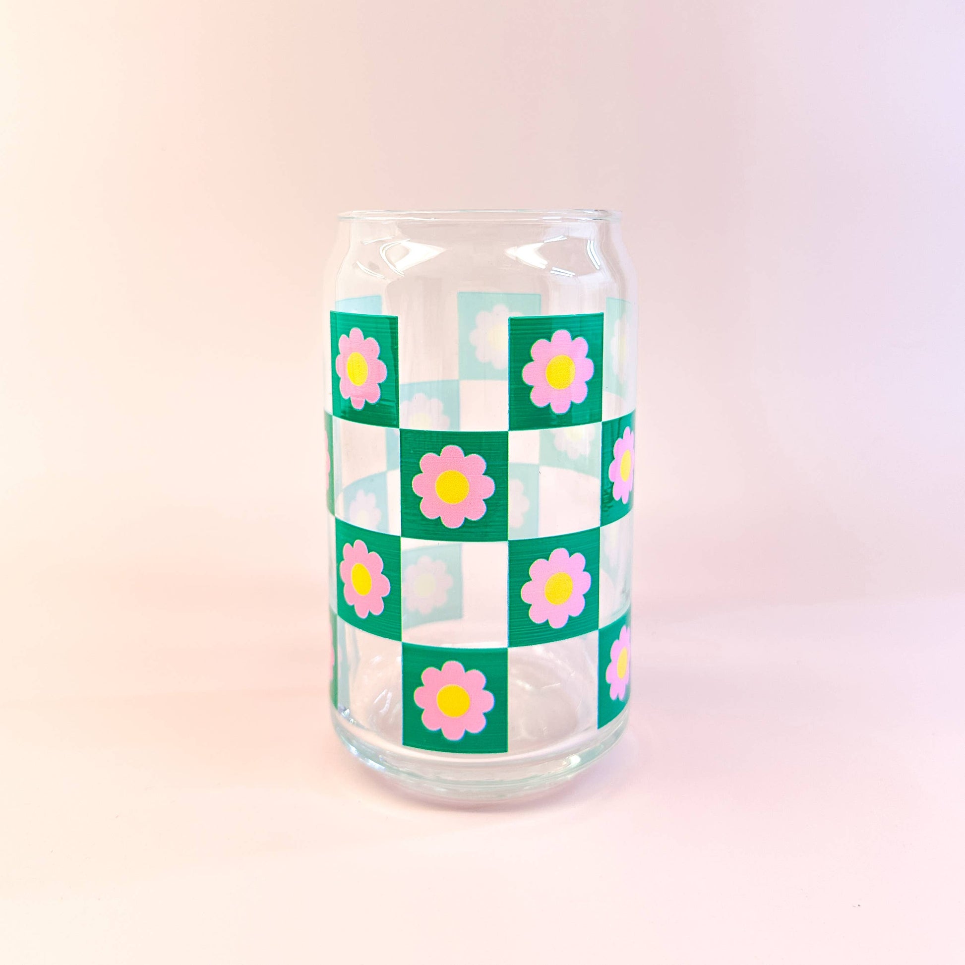 Oak Shore Collective LLC - Pink Checkered | Libbey Glass Beer Can Iced Coffee Glass - The Secret Garden Bookery