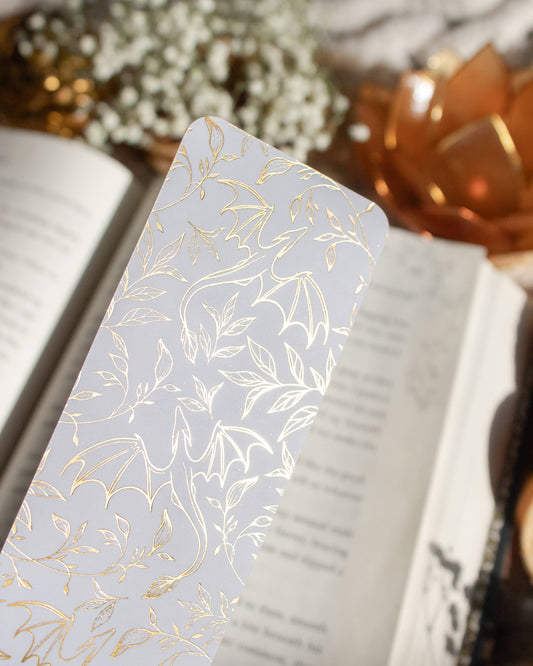 Meaggie Moos - Gold Foil and White Floral Dragons Bookmark | Soft Touch - The Secret Garden Bookery