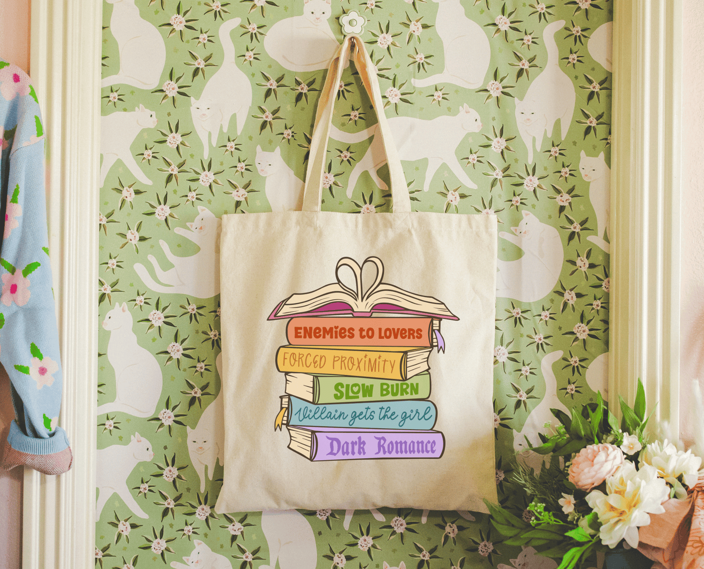 Literari Goods, Co | Book Themed Candles + Gifts - Canvas bookish tote bag - Romance Book Trope Heart Stack - The Secret Garden Bookery