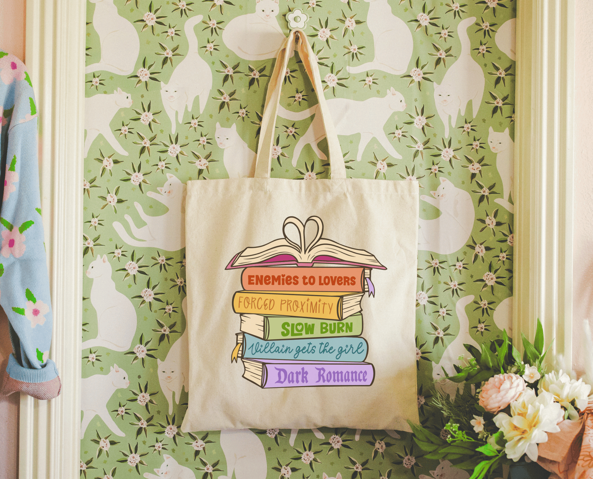 Literari Goods, Co | Book Themed Candles + Gifts - Canvas bookish tote bag - Romance Book Trope Heart Stack - The Secret Garden Bookery