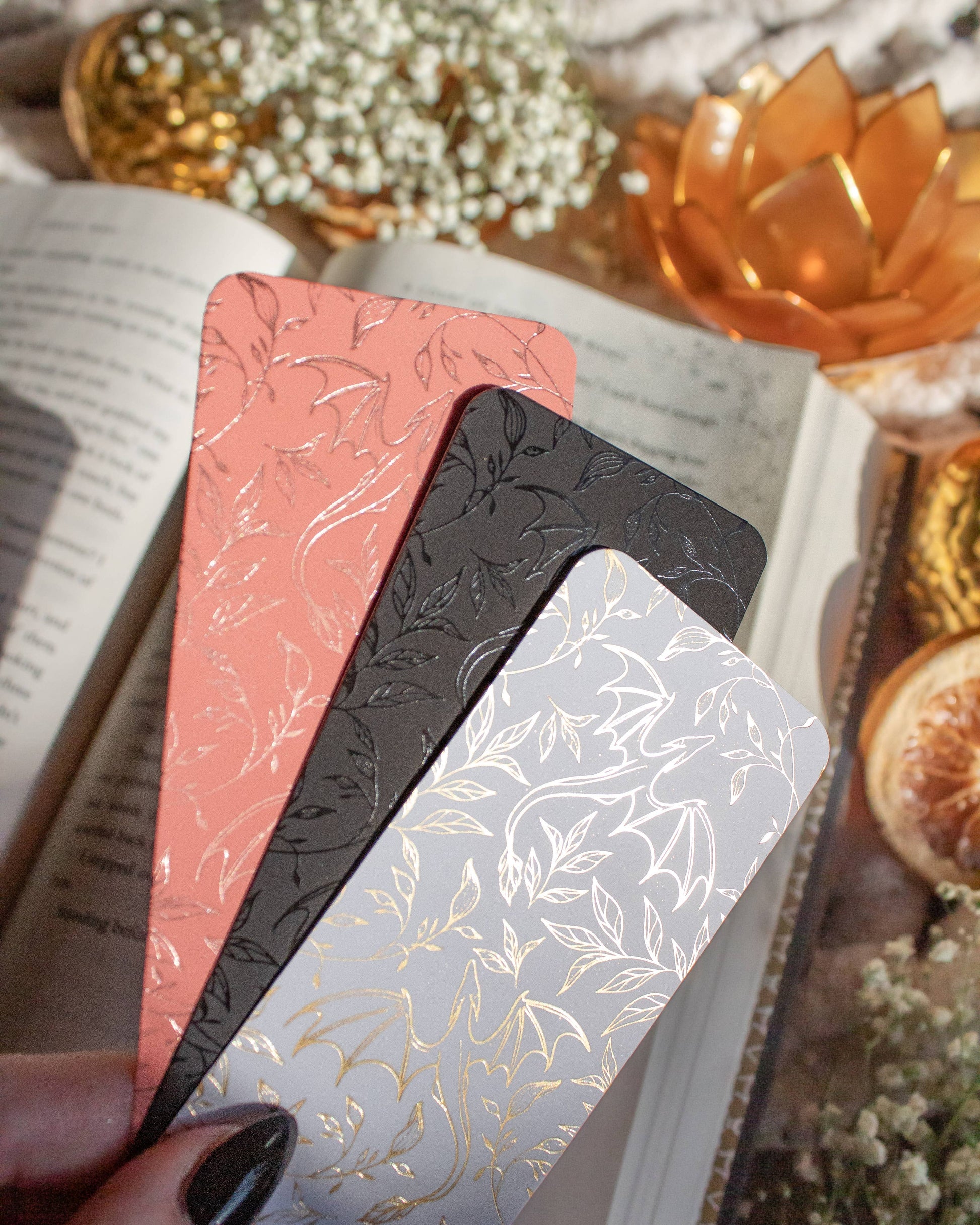 Meaggie Moos - Gold Foil and White Floral Dragons Bookmark | Soft Touch - The Secret Garden Bookery