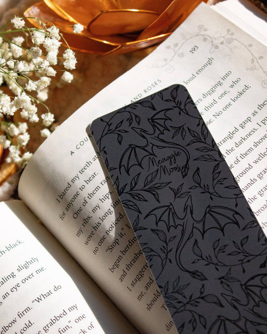 Meaggie Moos - Black on Black Floral Dragons Bookmark | Soft Touch - The Secret Garden Bookery