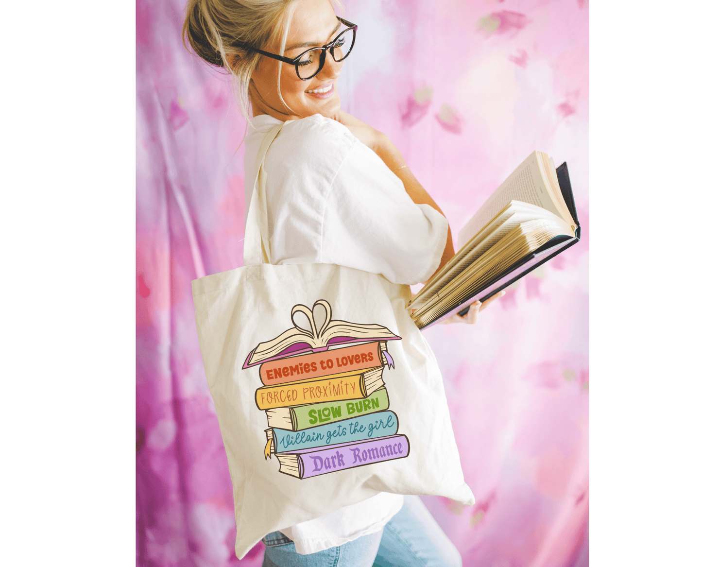 Literari Goods, Co | Book Themed Candles + Gifts - Canvas bookish tote bag - Romance Book Trope Heart Stack - The Secret Garden Bookery