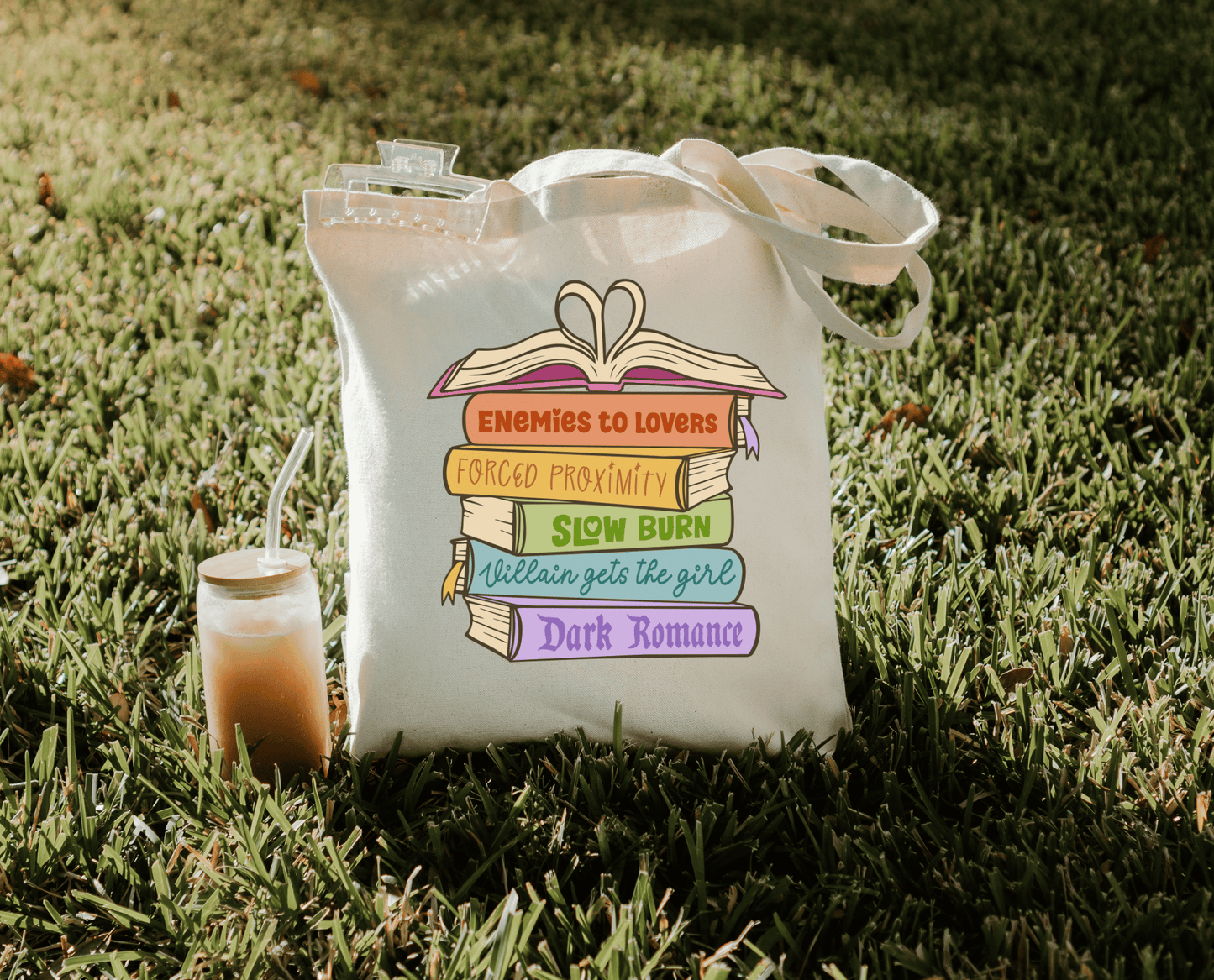 Literari Goods, Co | Book Themed Candles + Gifts - Canvas bookish tote bag - Romance Book Trope Heart Stack - The Secret Garden Bookery