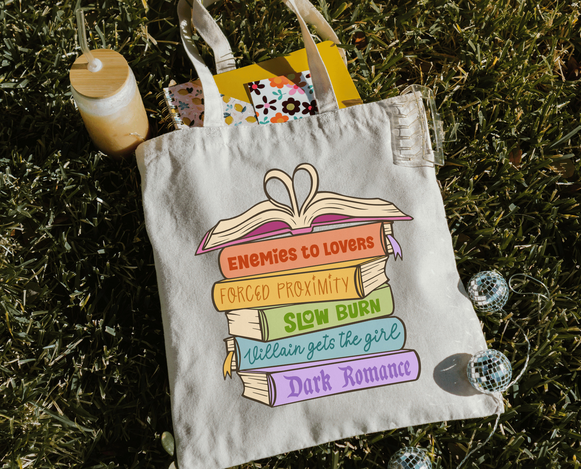 Literari Goods, Co | Book Themed Candles + Gifts - Canvas bookish tote bag - Romance Book Trope Heart Stack - The Secret Garden Bookery