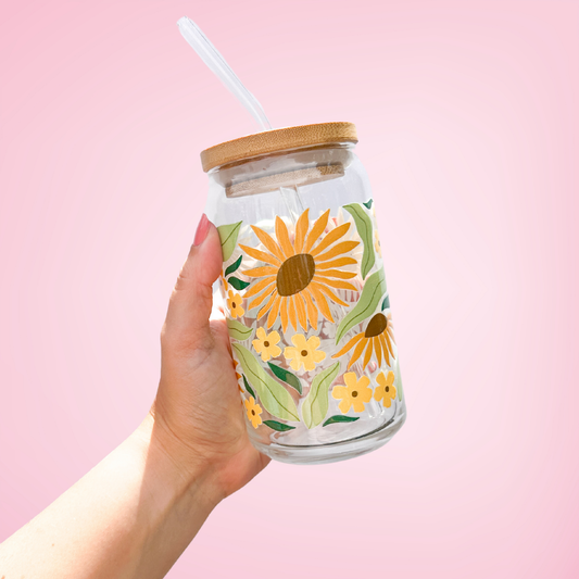 Oak Shore Collective LLC - Modern Sunflower | Libbey Glass Beer Can Iced Coffee Glass - The Secret Garden Bookery